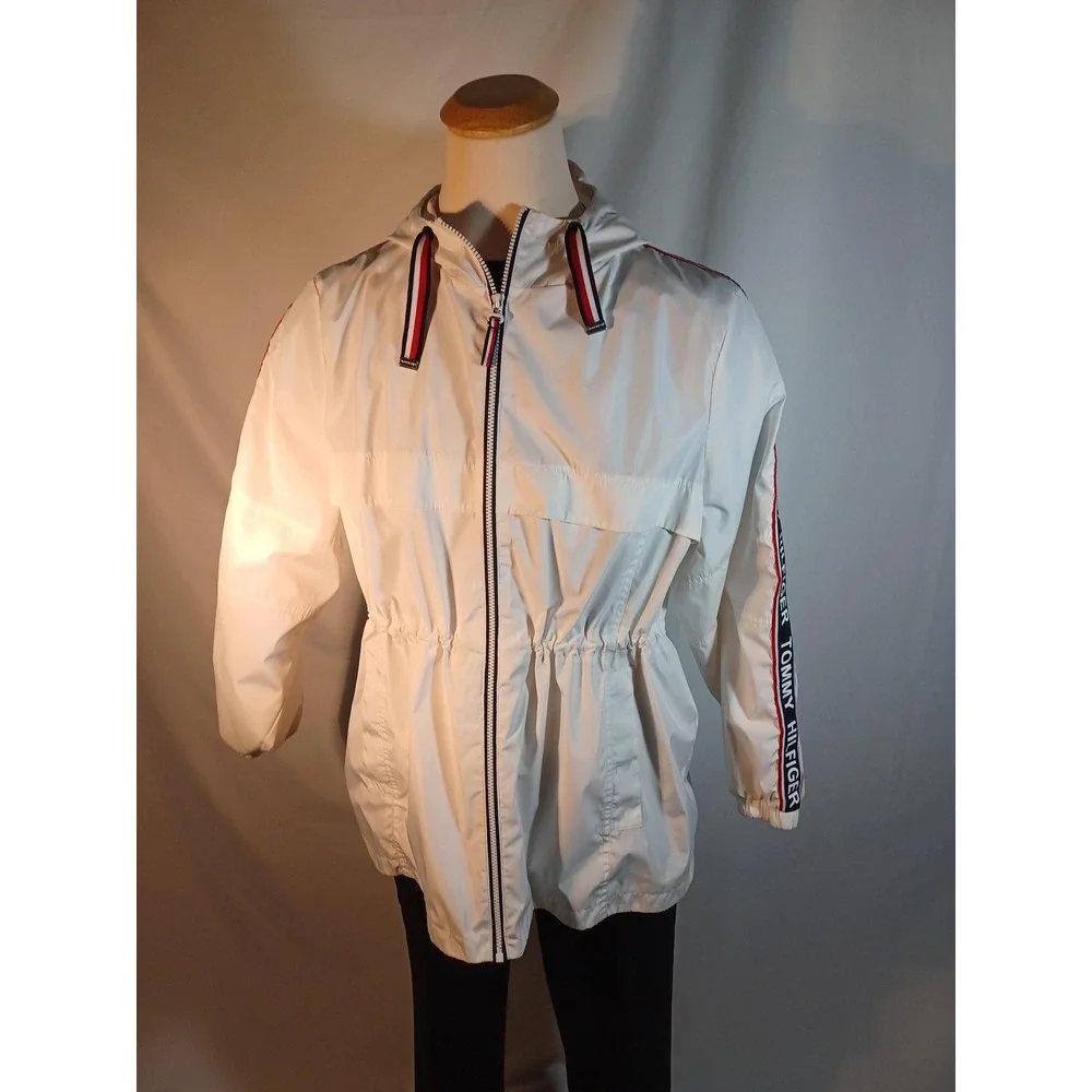 Tommy Hilfiger Jacket Mens 2XL White Hooded Windbreaker‎ Logo Tape Zip Casual